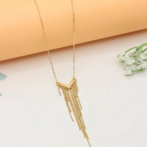 Trendy Gold-Plated Yellow Necklace with Cascading Chain Tassels, XPNL0386 - Picture 3 of 13